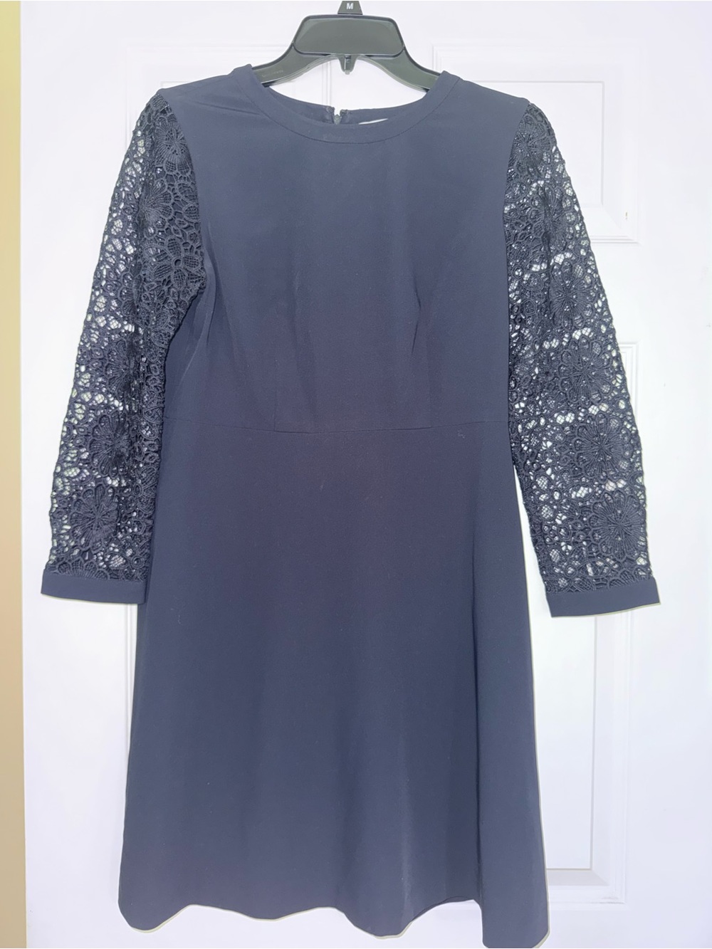 Loft Elegant Navy Dress with Crochet Lace Sleeves